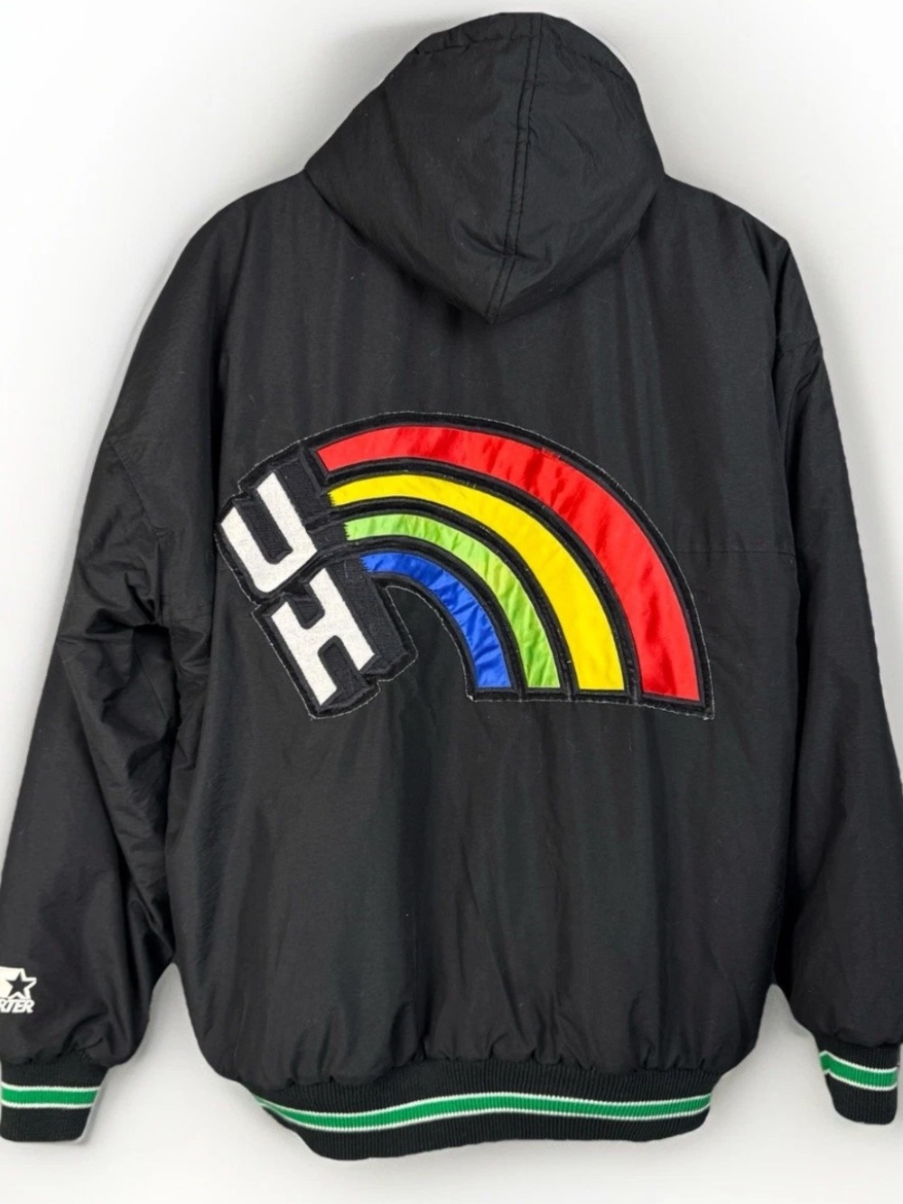 Vtg 90s University Of Hawaii Rainbow Warriors Starter Puffer Hooded Jacket Sz L
